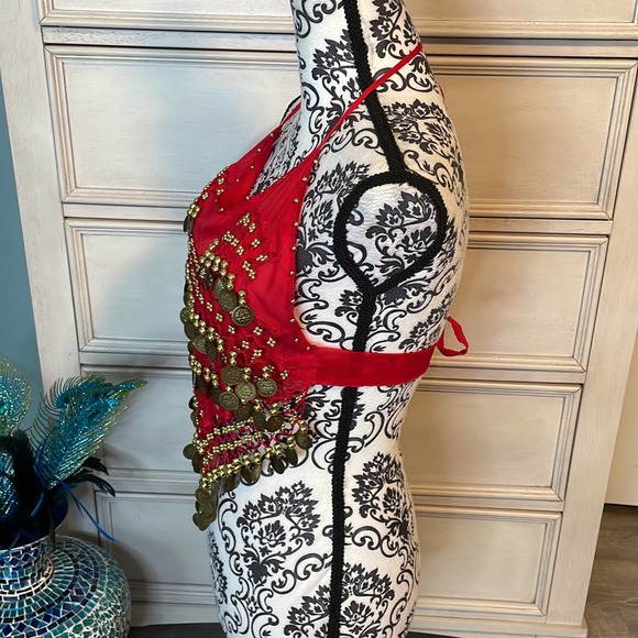 Gypsy belly dancer chiffon halter red top with gold coins - Picture 6 of 7